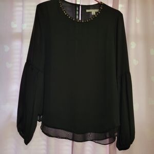 Black Embellished Neck Balloon Sleeve Top